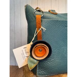 Genuine Leather Purse Charm Navy Pink Orange Keychain Accessory